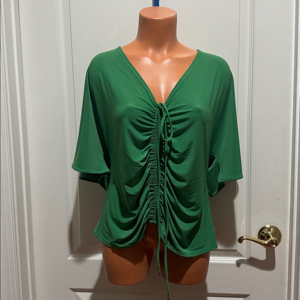 WHBM Matte Green Ruched Tie Cinched Front Kimono Knit Top XL $78 EUC KL - Picture 3 of 10